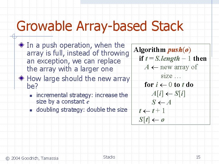 Growable Array-based Stack In a push operation, when the Algorithm push(o) array is full,