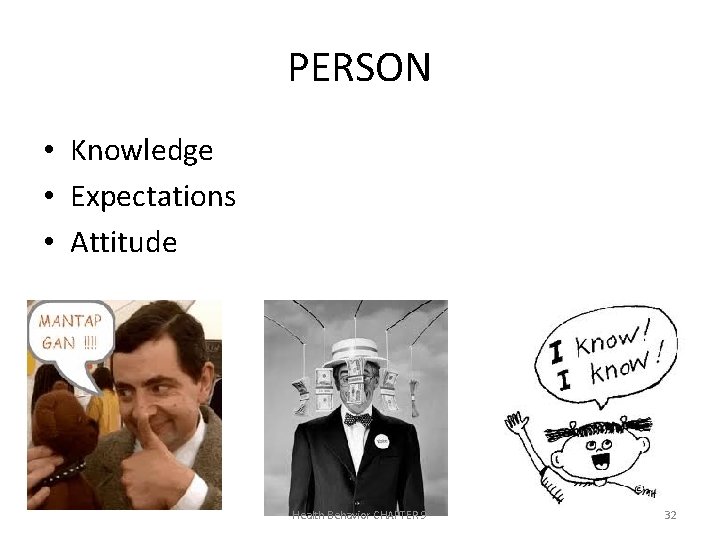 PERSON • Knowledge • Expectations • Attitude Health Behavior CHAPTER 9 32 