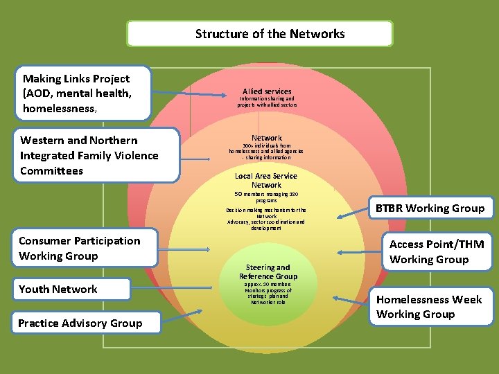  Structure of the Networks Making Links Project (AOD, mental health, homelessness Allied services