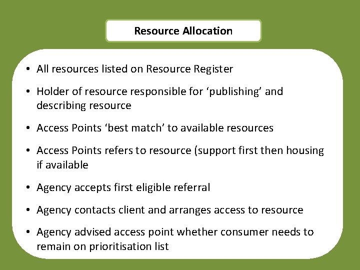 Resource Allocation • All resources listed on Resource Register • Holder of resource responsible