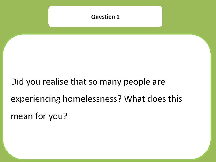 Question 1 Did you realise that so many people are experiencing homelessness? What does