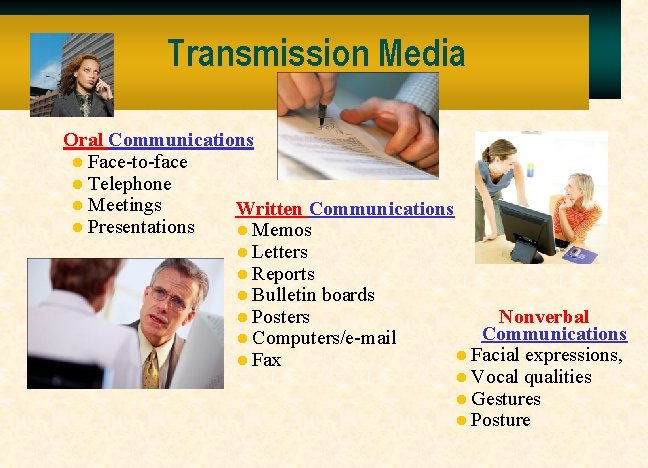 Transmission Media Oral Communications l Face-to-face l Telephone l Meetings Written Communications l Presentations