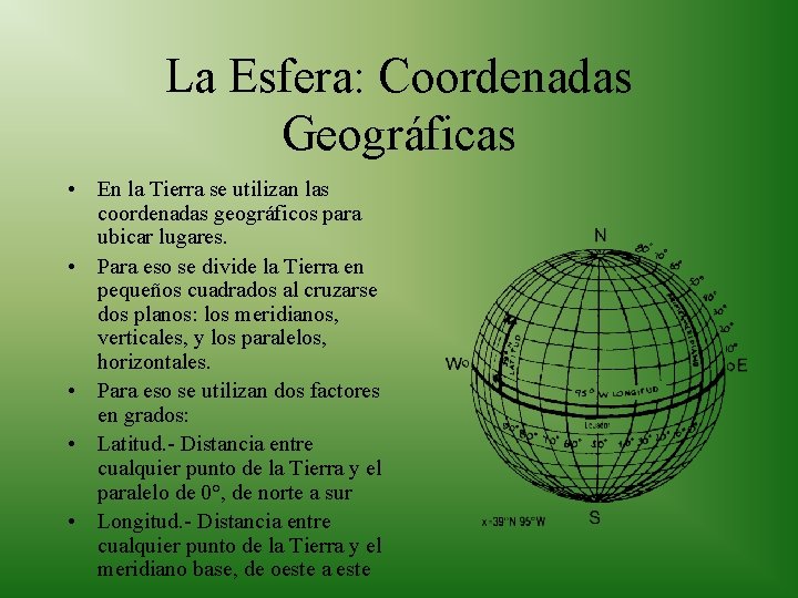 La Esfera: Coordenadas Geográficas • En la Tierra se utilizan las coordenadas geográficos para