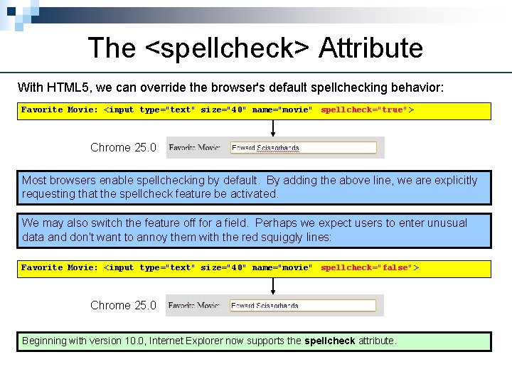 The <spellcheck> Attribute With HTML 5, we can override the browser's default spellchecking behavior: