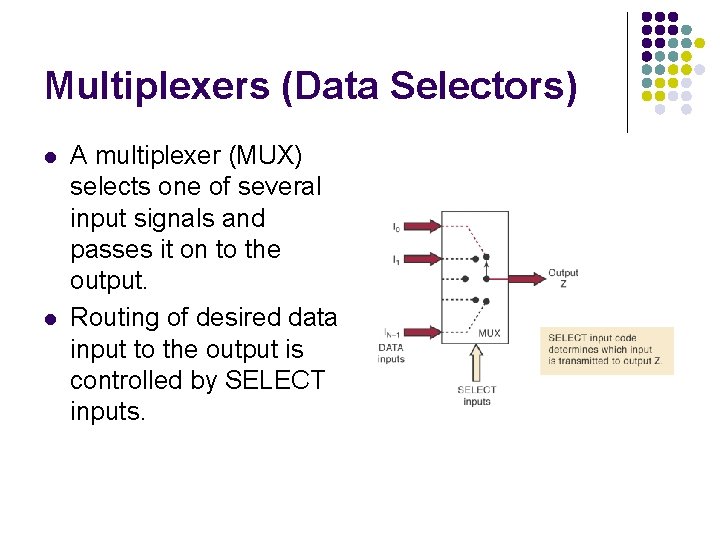 Multiplexers (Data Selectors) l l A multiplexer (MUX) selects one of several input signals