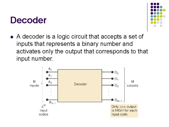 Decoder l A decoder is a logic circuit that accepts a set of inputs
