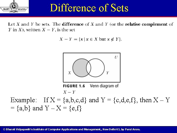 Difference of Sets Example: If X = {a, b, c, d} and Y =