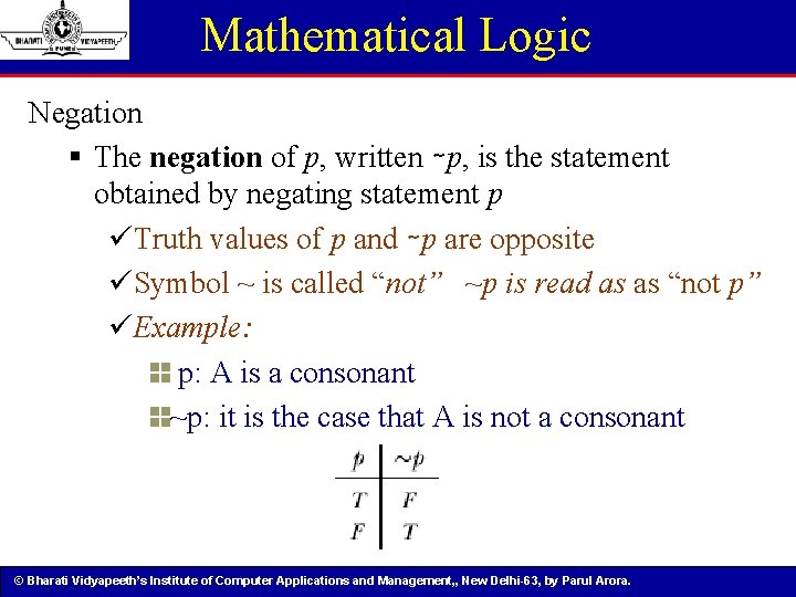 Mathematical Logic Negation § The negation of p, written ∼p, is the statement obtained