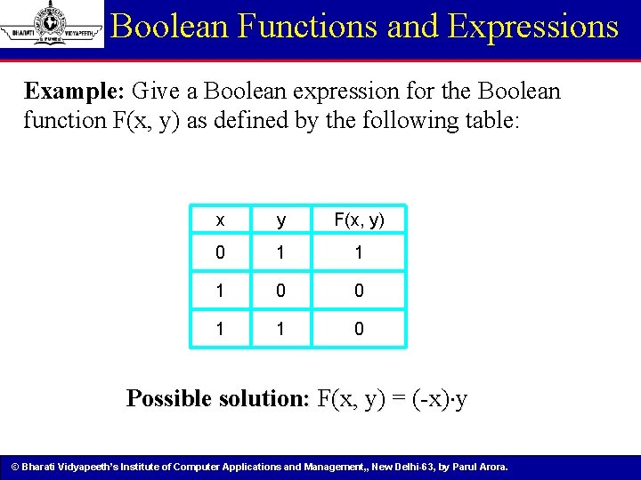 Boolean Functions and Expressions Example: Give a Boolean expression for the Boolean function F(x,