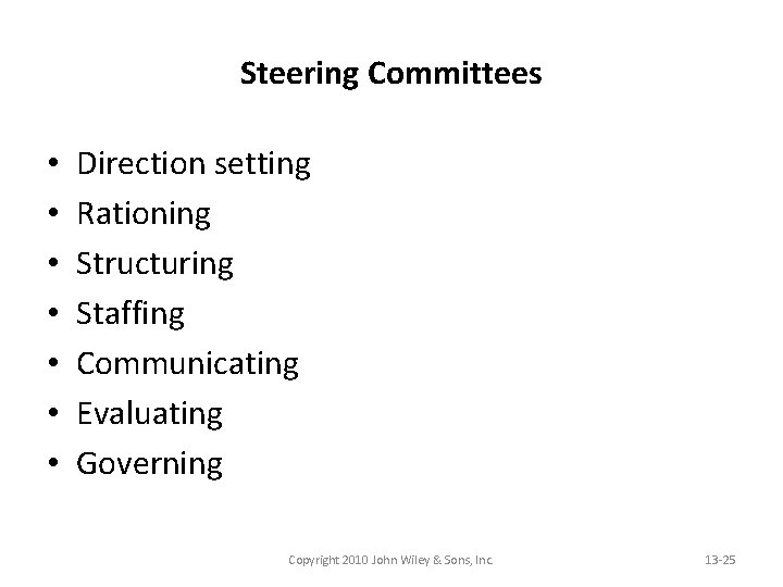 Steering Committees • • Direction setting Rationing Structuring Staffing Communicating Evaluating Governing Copyright 2010