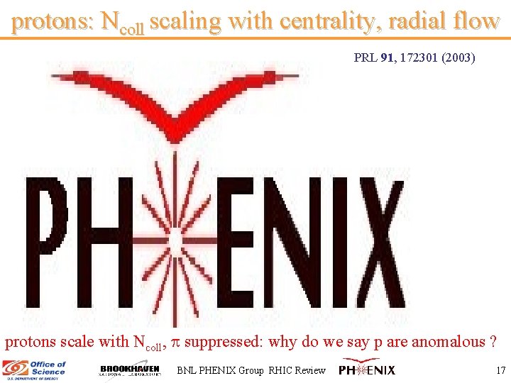 protons: Ncoll scaling with centrality, radial flow PRL 91, 172301 (2003) protons scale with