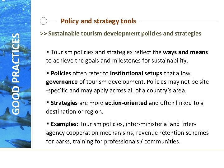 GOOD PRACTICES Policy and strategy tools >> Sustainable tourism development policies and strategies §
