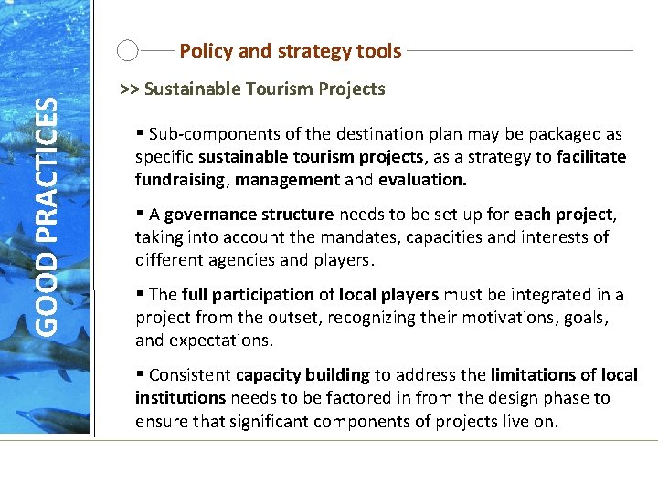 GOOD PRACTICES Policy and strategy tools >> Sustainable Tourism Projects § Sub-components of the