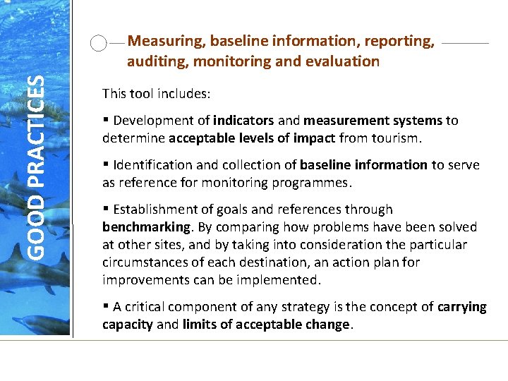 GOOD PRACTICES Measuring, baseline information, reporting, auditing, monitoring and evaluation This tool includes: §
