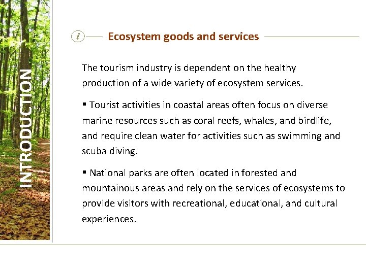 INTRODUCTION i Ecosystem goods and services The tourism industry is dependent on the healthy