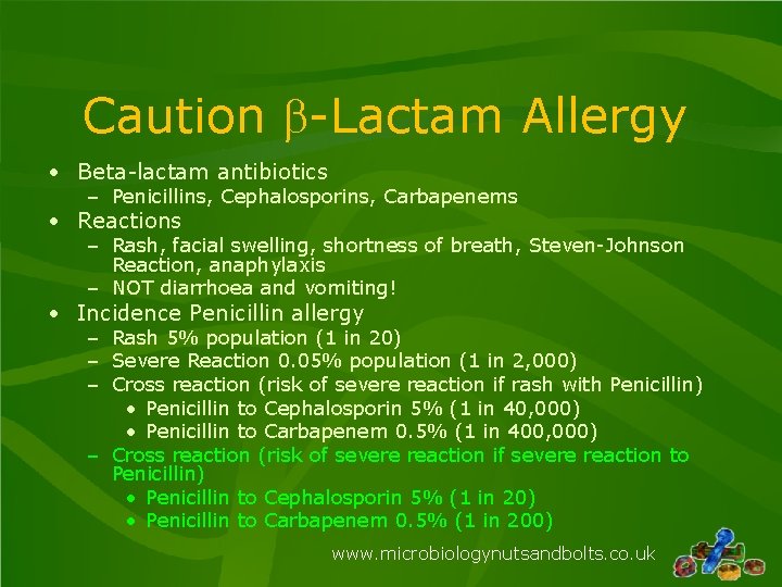 Caution b-Lactam Allergy • Beta-lactam antibiotics – Penicillins, Cephalosporins, Carbapenems • Reactions – Rash,