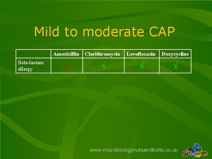 Mild to moderate CAP Beta-lactam allergy Amoxicillin Clarithromycin Levofloxacin Doxycycline x √ √ √