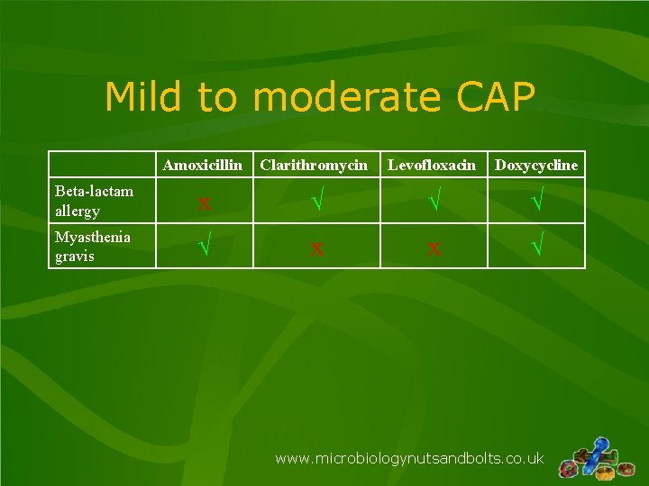 Mild to moderate CAP Amoxicillin Clarithromycin Levofloxacin Doxycycline Beta-lactam allergy x √ √ √ Mild to moderate CAP Amoxicillin Clarithromycin Levofloxacin Doxycycline Beta-lactam allergy x √ √ √