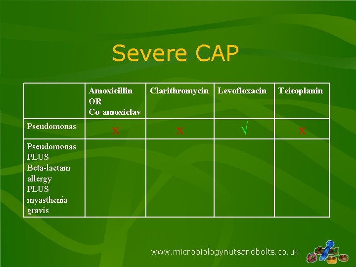 Severe CAP Amoxicillin Clarithromycin Levofloxacin OR Co-amoxiclav Pseudomonas x x √ Teicoplanin x Pseudomonas Severe CAP Amoxicillin Clarithromycin Levofloxacin OR Co-amoxiclav Pseudomonas x x √ Teicoplanin x Pseudomonas