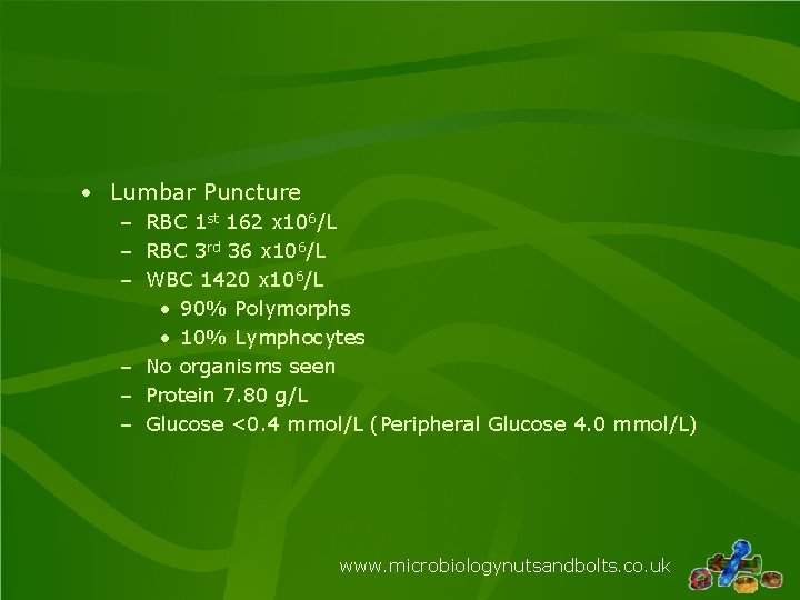 • Lumbar Puncture – RBC 1 st 162 x 106/L – RBC 3 • Lumbar Puncture – RBC 1 st 162 x 106/L – RBC 3