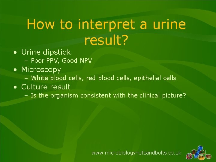 How to interpret a urine result? • Urine dipstick – Poor PPV, Good NPV How to interpret a urine result? • Urine dipstick – Poor PPV, Good NPV