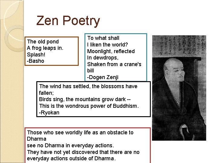 Zen Poetry The old pond A frog leaps in. Splash! -Basho To what shall