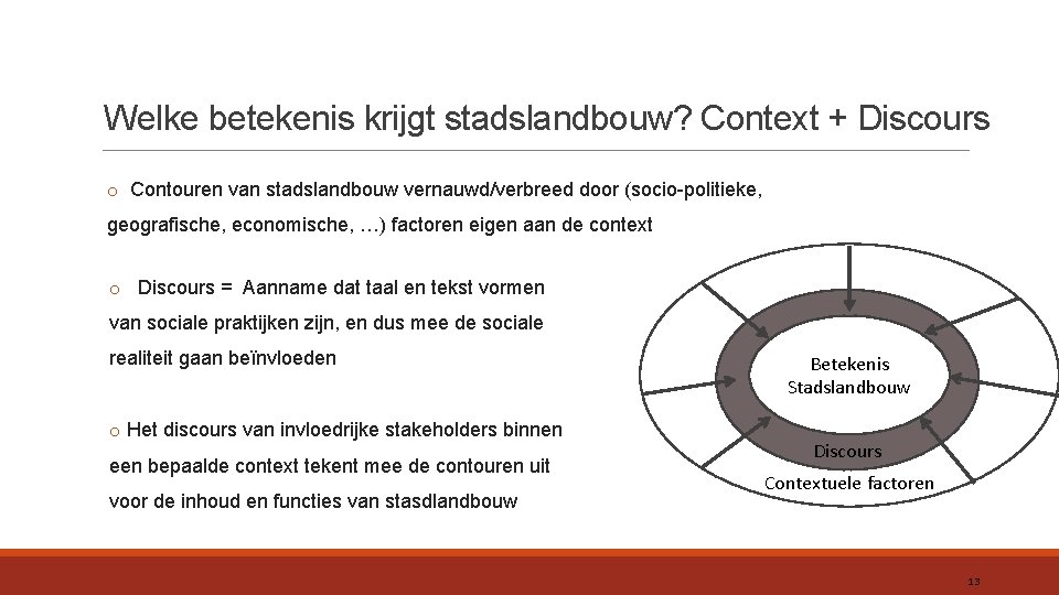 Welke betekenis krijgt stadslandbouw? Context + Discours o Contouren van stadslandbouw vernauwd/verbreed door (socio-politieke,