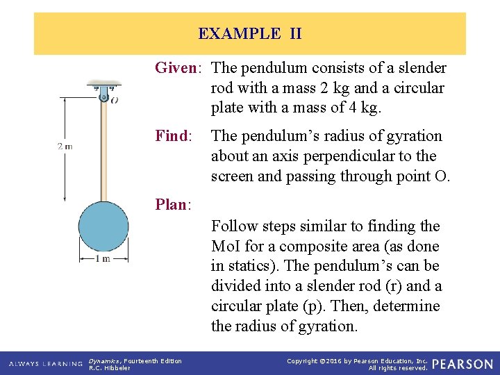 EXAMPLE II Given: The pendulum consists of a slender rod with a mass 2