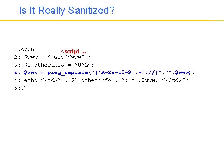 Is It Really Sanitized? 1: <? php <script. . . 2: $www = $_GET[”www”];