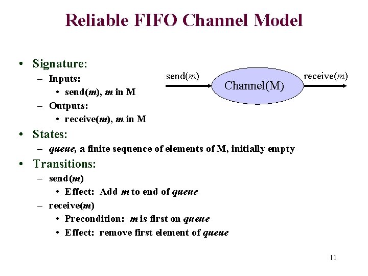 Reliable FIFO Channel Model • Signature: – Inputs: • send(m), m in M –