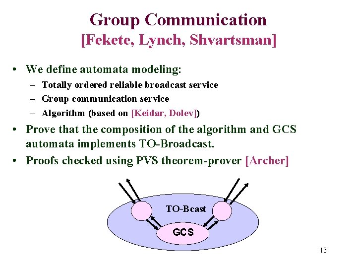 Group Communication [Fekete, Lynch, Shvartsman] • We define automata modeling: – Totally ordered reliable
