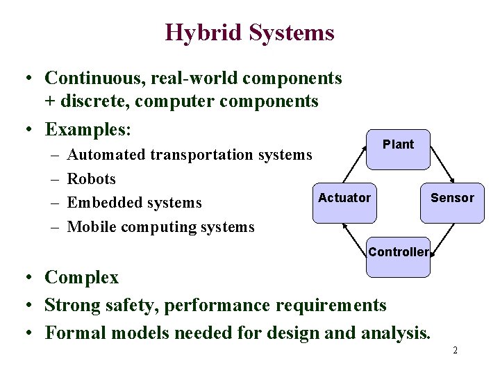 Hybrid Systems • Continuous, real-world components + discrete, computer components • Examples: – –