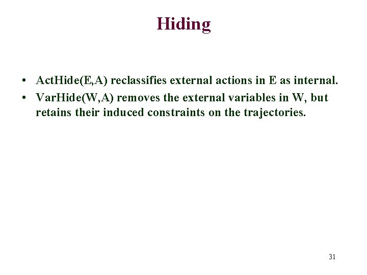 Hiding • Act. Hide(E, A) reclassifies external actions in E as internal. • Var.
