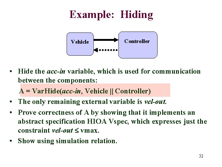 Example: Hiding Vehicle Controller • Hide the acc-in variable, which is used for communication