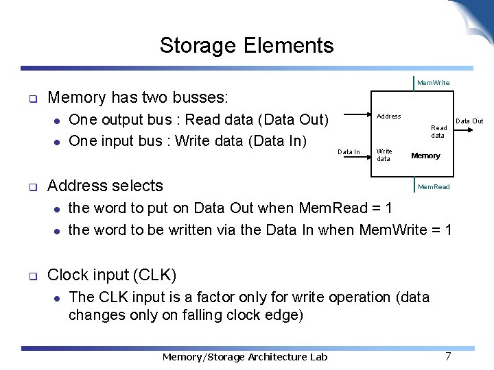 Storage Elements Mem. Write q Memory has two busses: l l q Address selects