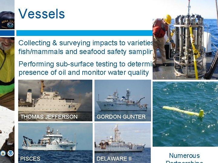 Vessels Collecting & surveying impacts to varieties of fish/mammals and seafood safety sampling Performing