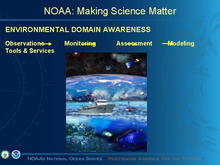 NOAA: Making Science Matter ENVIRONMENTAL DOMAIN AWARENESS Observations Tools & Services Monitoring Assessment Modeling