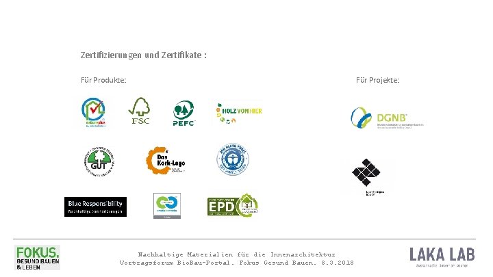 Zertifizierungen und Zertifikate : Für Produkte: Nachhaltige Materialien für die Innenarchitektur Vortragsforum Bio. Bau-Portal.