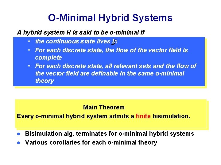 O-Minimal Hybrid Systems A hybrid system H is said to be o-minimal if •