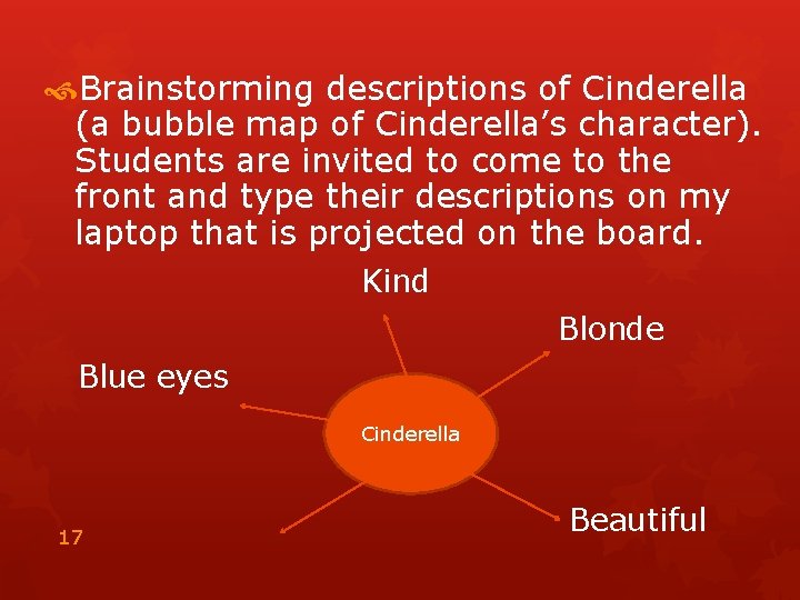  Brainstorming descriptions of Cinderella (a bubble map of Cinderella’s character). Students are invited