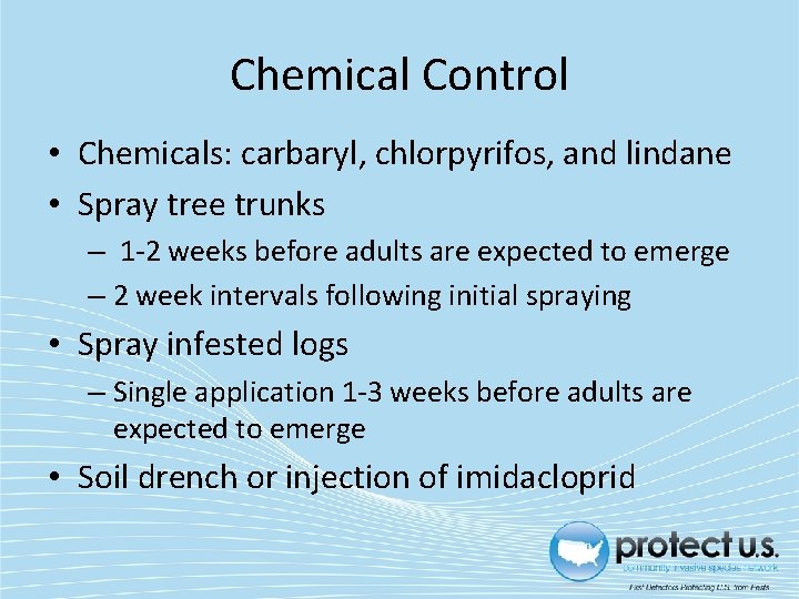 Chemical Control • Chemicals: carbaryl, chlorpyrifos, and lindane • Spray tree trunks – 1