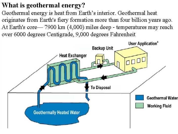 What is geothermal energy? Geothermal energy is heat from Earth’s interior. Geothermal heat originates