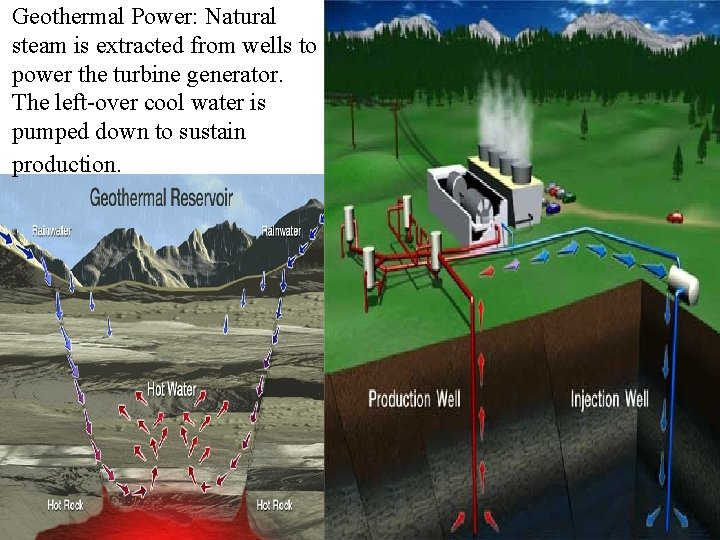 Geothermal Power: Natural steam is extracted from wells to power the turbine generator. The