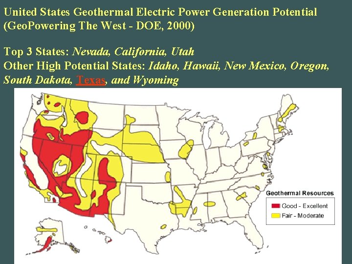 United States Geothermal Electric Power Generation Potential (Geo. Powering The West - DOE, 2000)