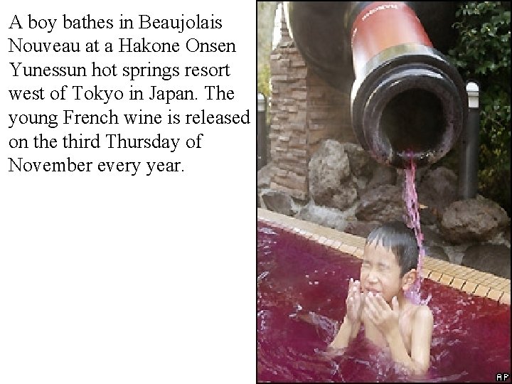 A boy bathes in Beaujolais Nouveau at a Hakone Onsen Yunessun hot springs resort