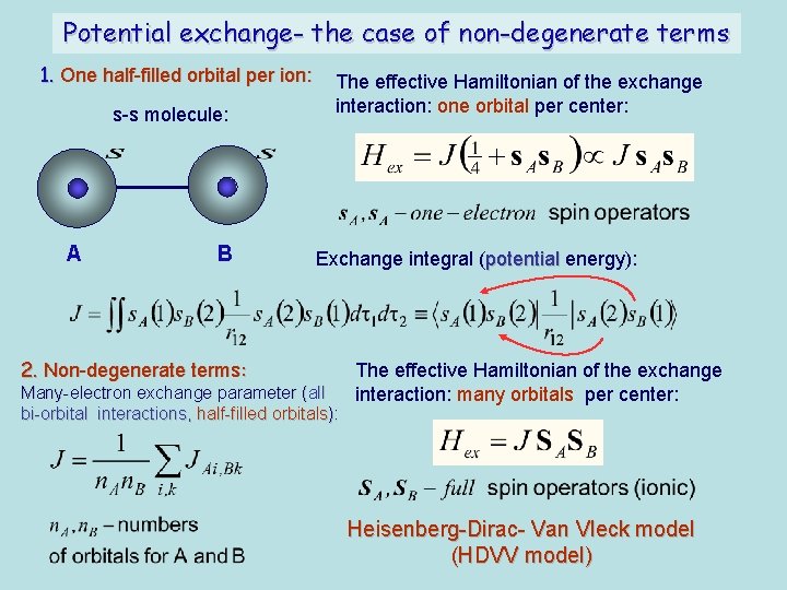Potential exchange- the case of non-degenerate terms 1. One half-filled orbital per ion: s-s