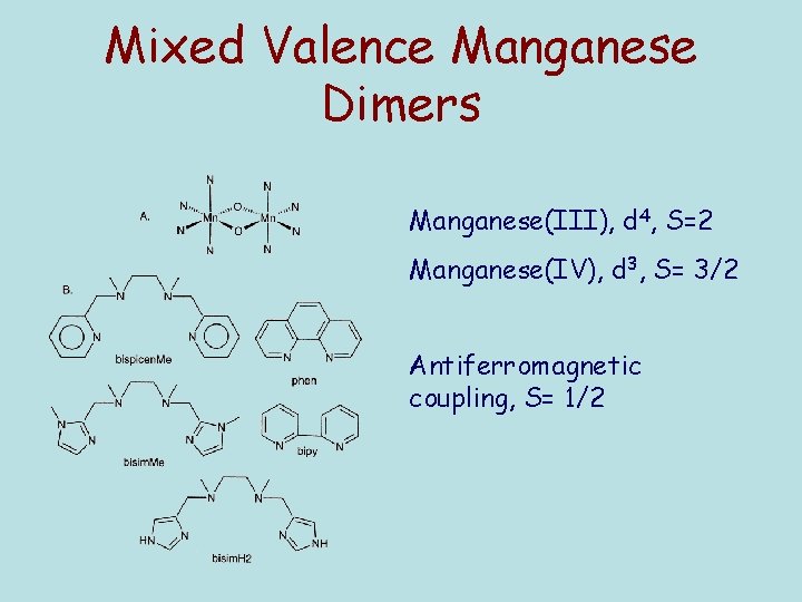 Mixed Valence Manganese Dimers Manganese(III), d 4, S=2 Manganese(IV), d 3, S= 3/2 Antiferromagnetic