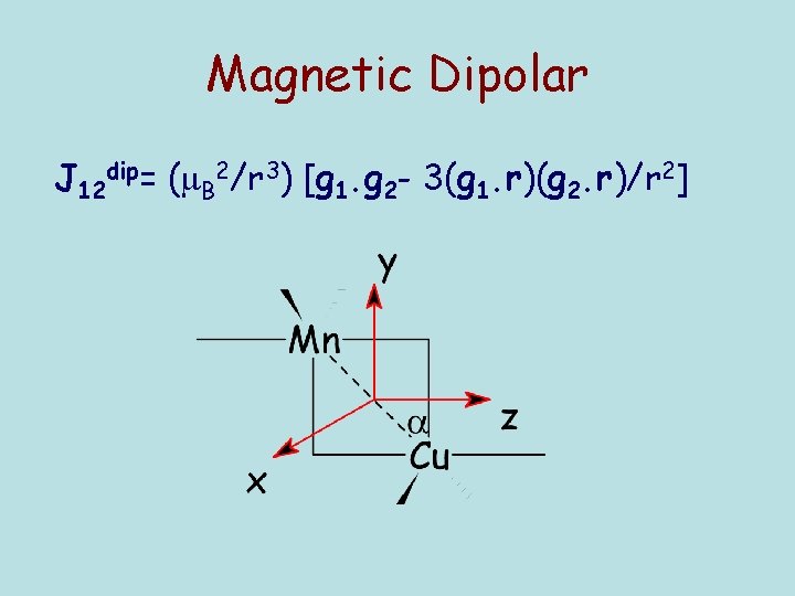 Magnetic Dipolar J 12 dip= ( B 2/r 3) [g 1. g 2 -