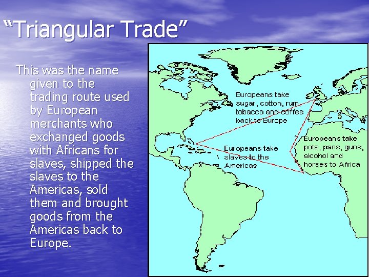 “Triangular Trade” This was the name given to the trading route used by European