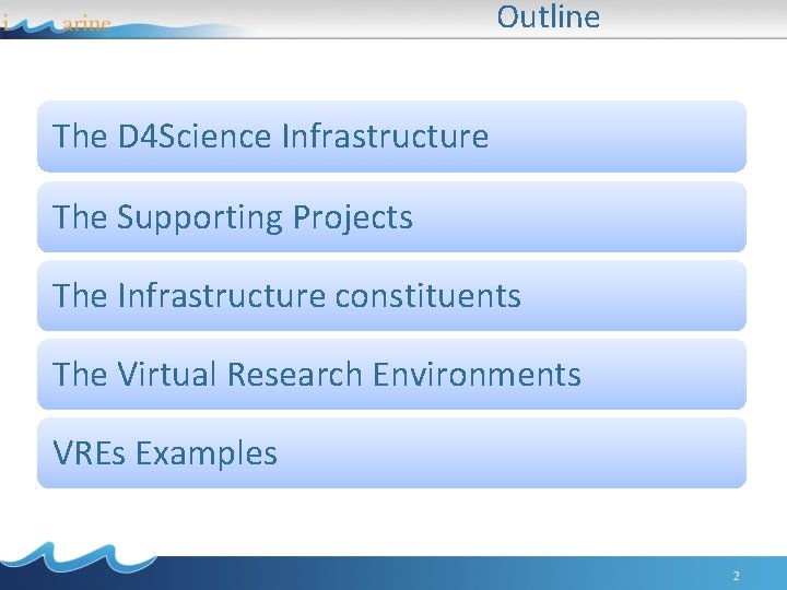 Outline The D 4 Science Infrastructure The Supporting Projects The Infrastructure constituents The Virtual